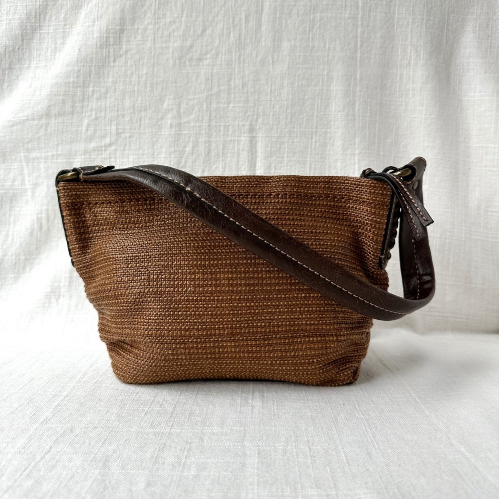 Vintage Fossil Woven Raffia Shoulder Bag Brown Leather Y2K Boho Baguette Purse